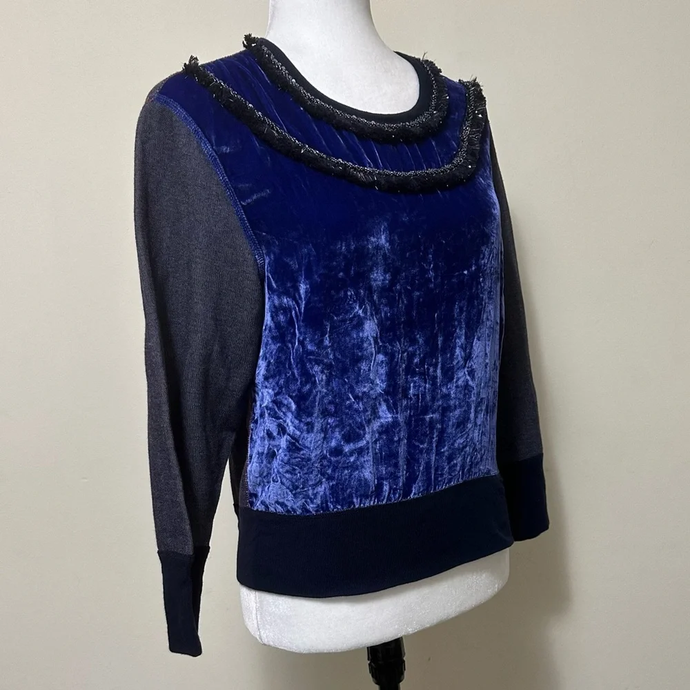 J Crew Black Label Blue Crush Velvet Beads Silver Tinsel Fringe Pullover Top S/M - Picture 2 of 15